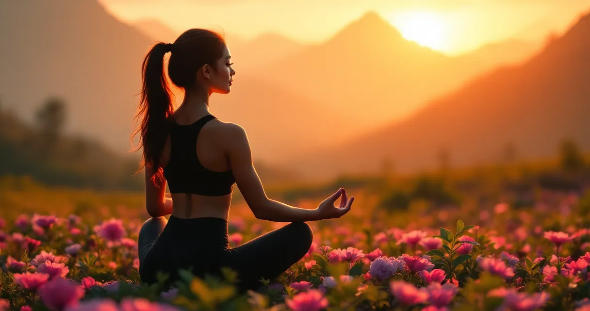 Meditation in a flower field at sunset