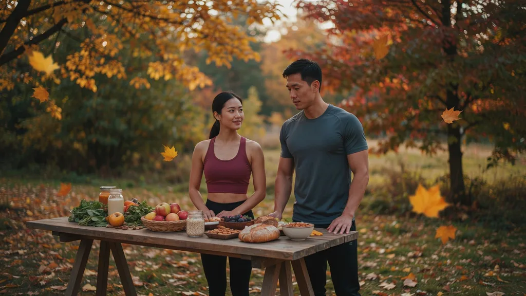 A couple in training clothes at a wooden table with apples, bread, nuts and greens, among autumn trees