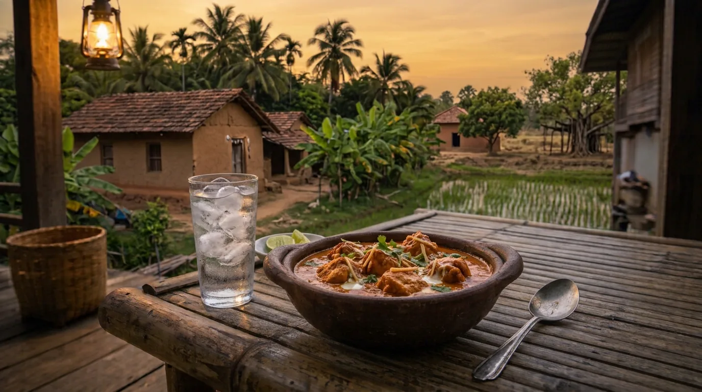 Chicken tikka masala in a clay bowl with lime and a glass of iced water on a wooden porch at sunset