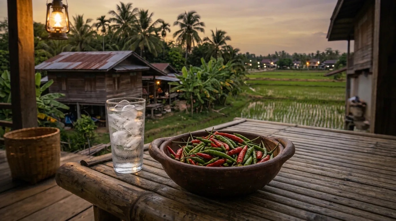 A clay bowl of red and green bird’s eye chillies on a wooden porch at dusk
