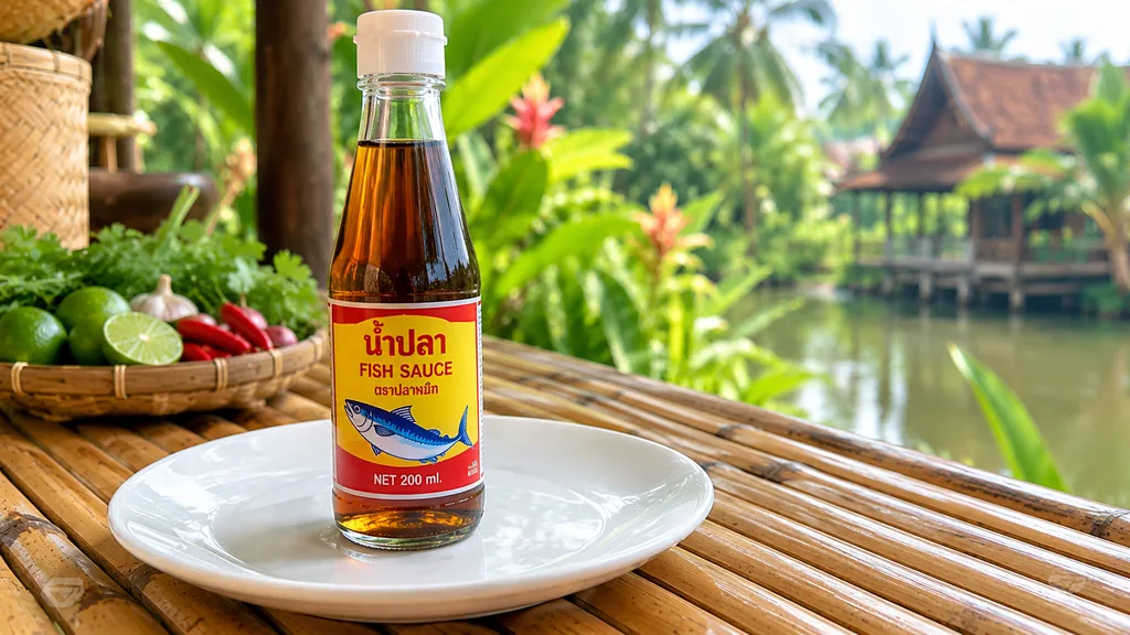 A bottle of Thai fish sauce on a white plate