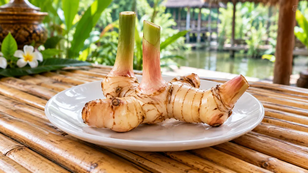 Fresh galangal root on a white plate