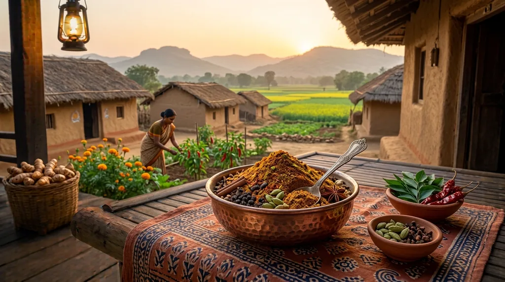 A copper bowl of garam masala with whole spices on a village porch at sunrise