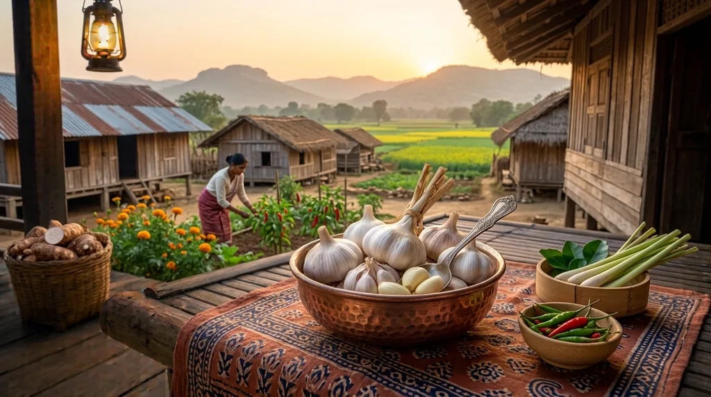 A copper bowl of garlic bulbs on a village porch at sunrise