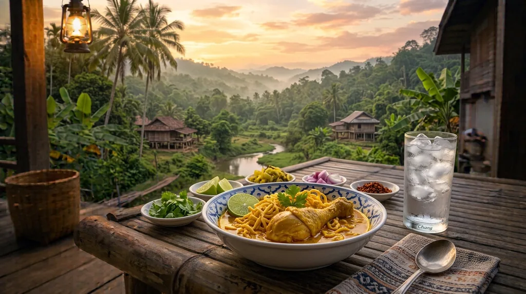 A bowl of khao soi with a chicken drumstick, egg noodles and lime, surrounded by shallots, pickled mustard greens, coriander and chilli, on a porch above a misty valley