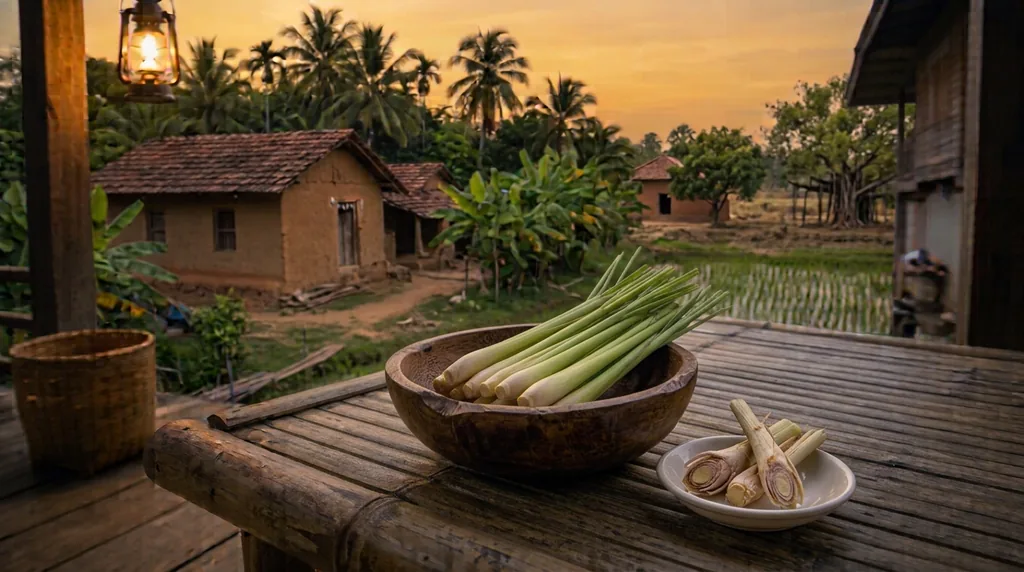 Fresh lemongrass stalks in a wooden bowl on a porch at sunset