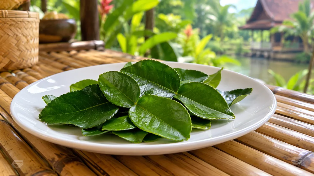 Makrut lime leaves on a white plate