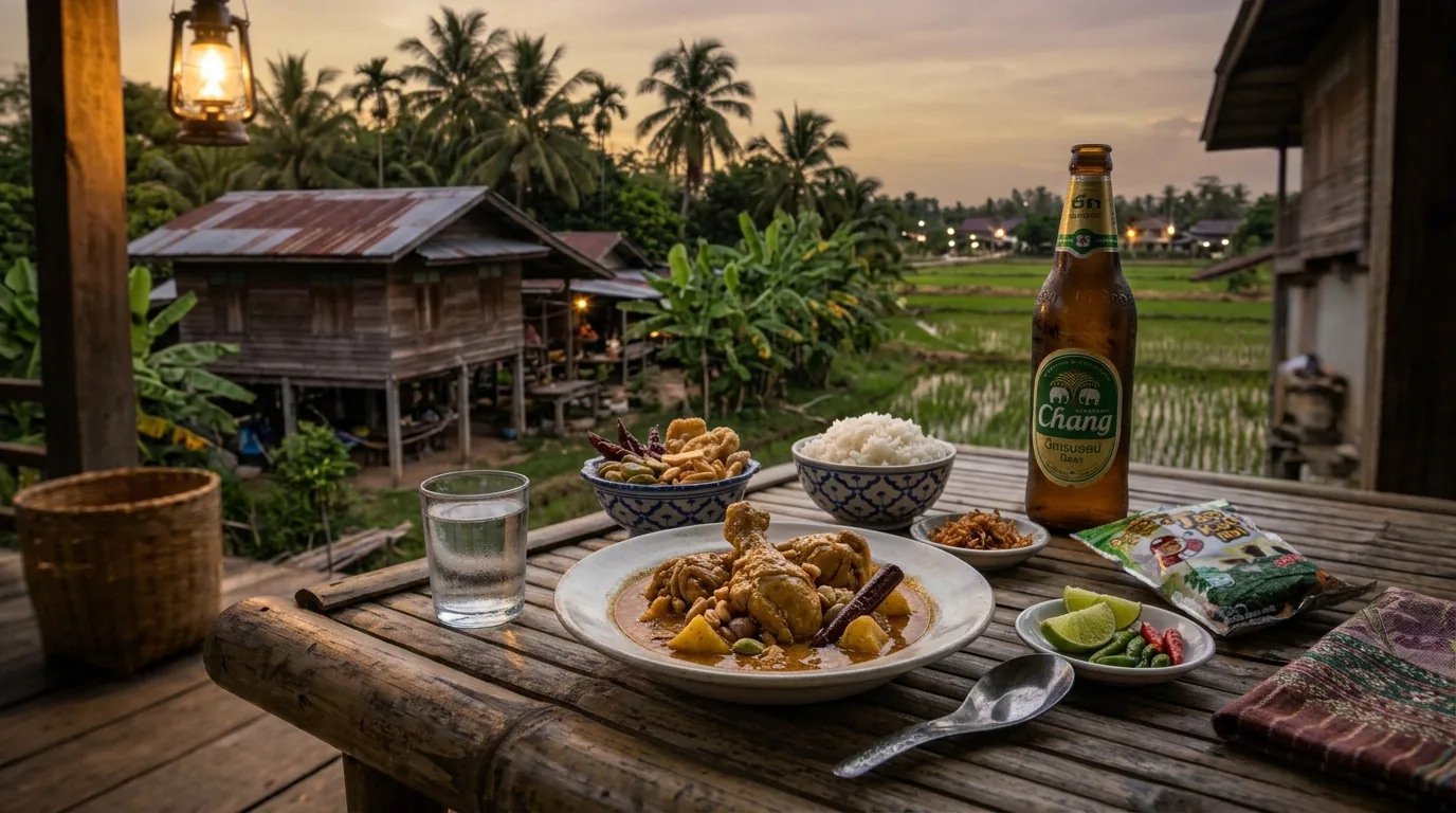 Gaeng Massaman Gai with rice, lime and a cold Chang on a wooden porch above the rice fields at dusk