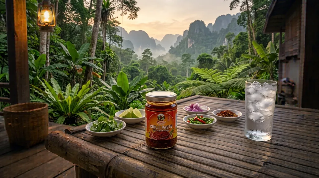A jar of Thai chilli paste with soya bean oil on a wooden porch above a misty jungle valley