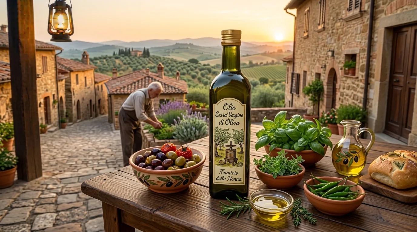 A bottle of extra virgin olive oil on a wooden table in an Italian village at sunset, with olives, basil and fresh bread