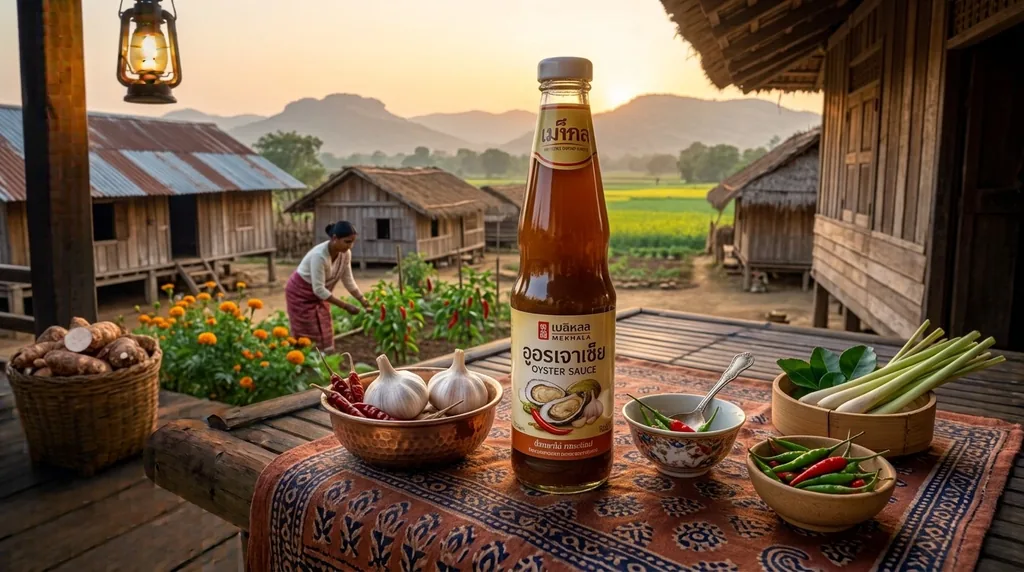 A bottle of oyster sauce on a village porch at sunrise, with garlic, chillies, lemongrass and lime leaves