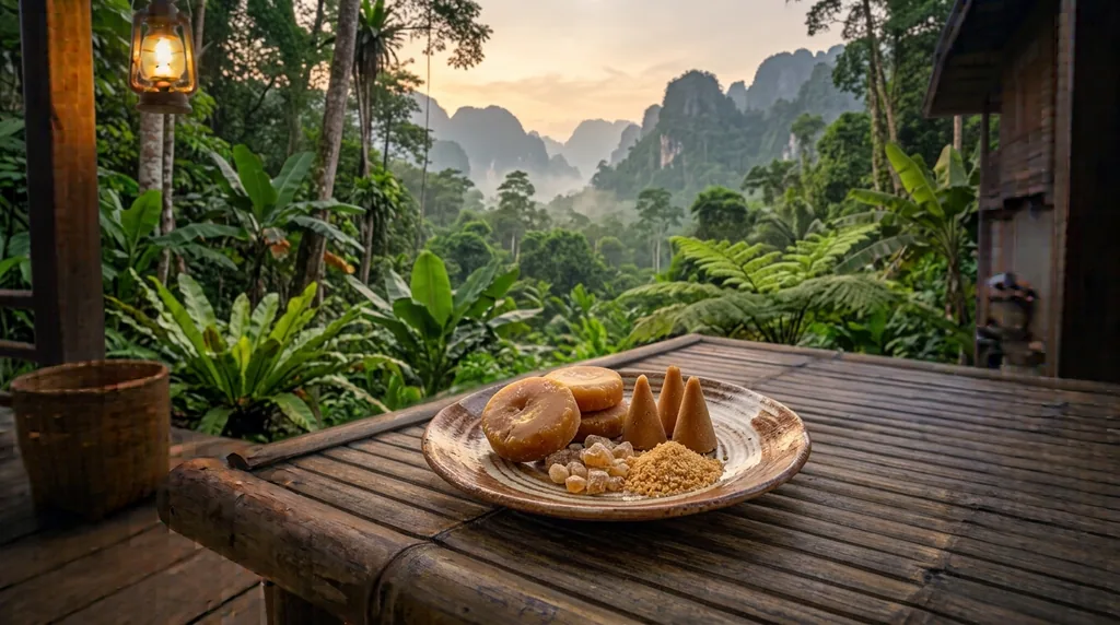 Palm sugar in discs, cones and granules on a plate on a wooden porch above a jungle valley