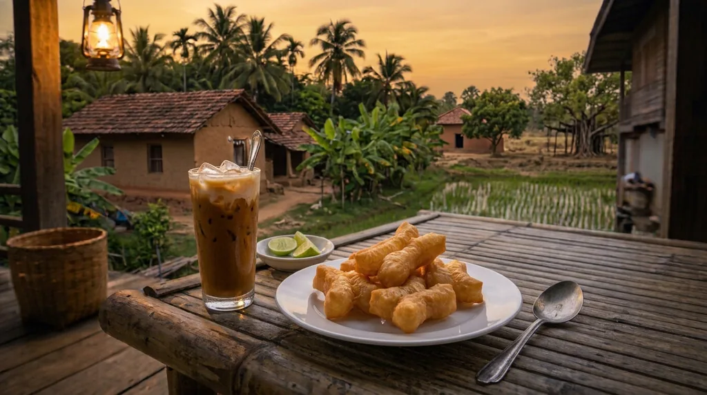 A plate of golden Thai fried dough sticks with iced Thai coffee and lime on a wooden porch at sunset