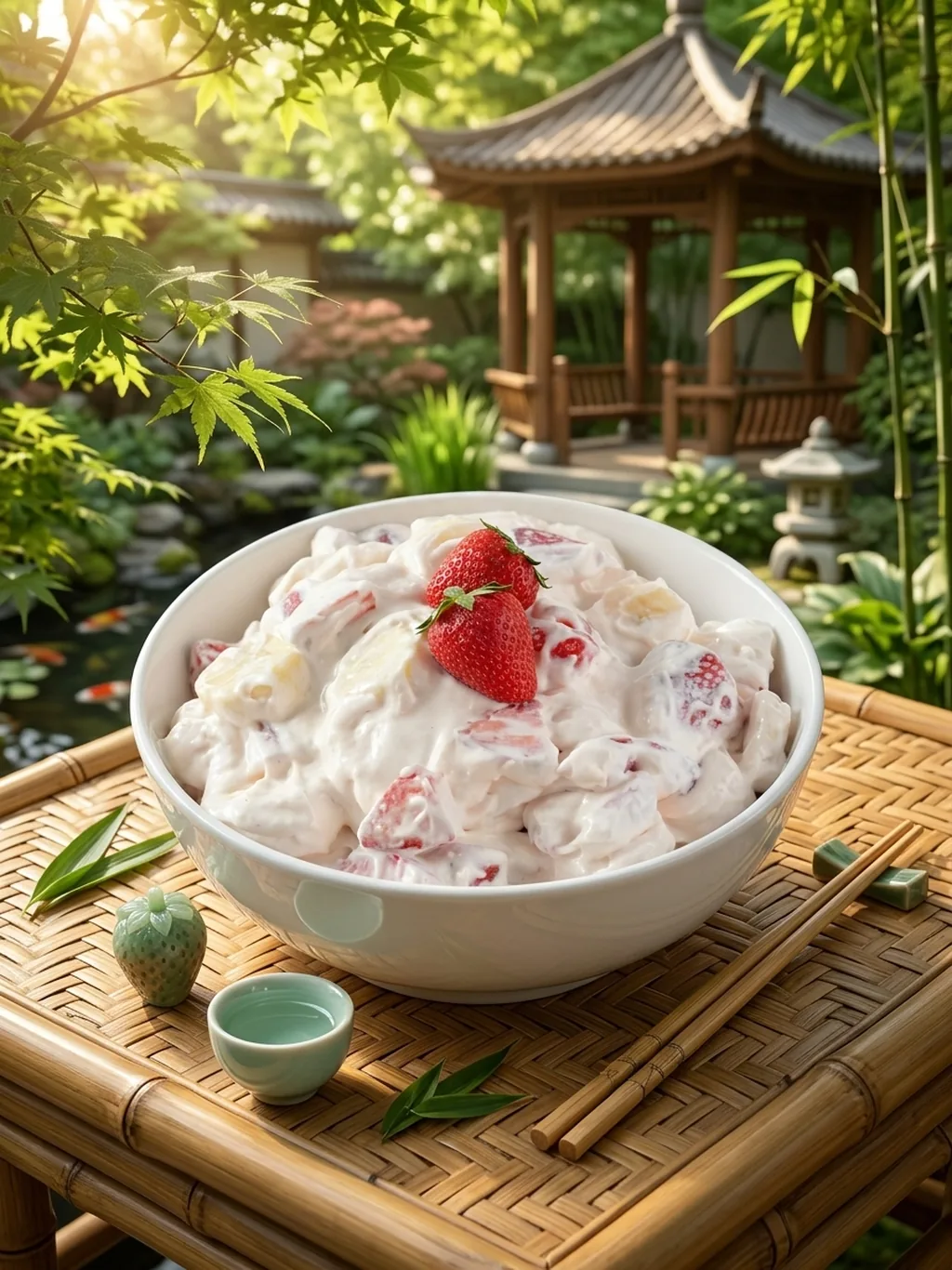 Strawberry cheesecake salad in a white bowl, topped with two whole strawberries