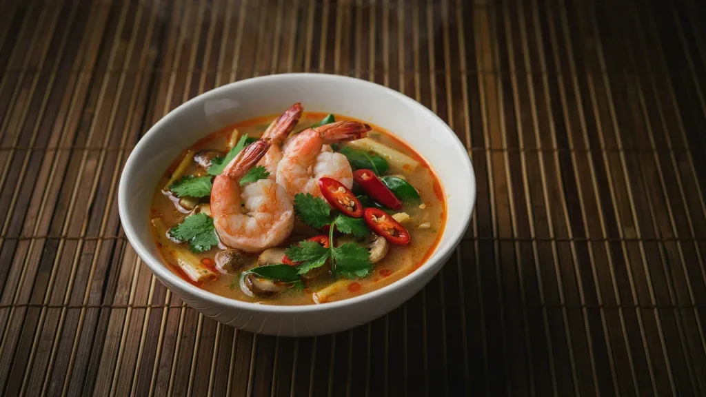 A bowl of Tom Yum Kung with shrimp, mushrooms and fresh coriander