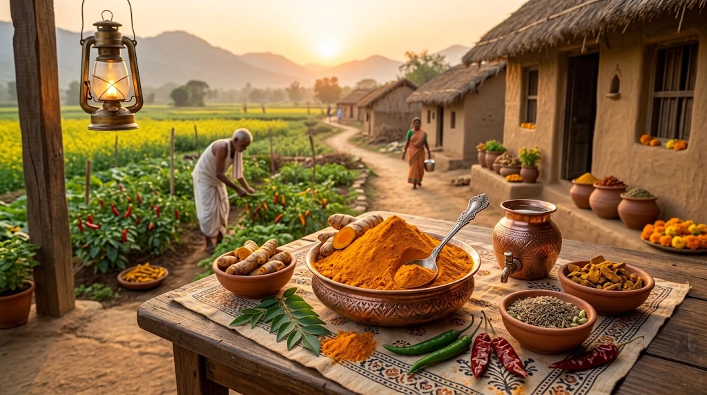 A copper bowl of ground turmeric with fresh turmeric roots, curry leaves and chillies on a table in an Indian village at sunrise